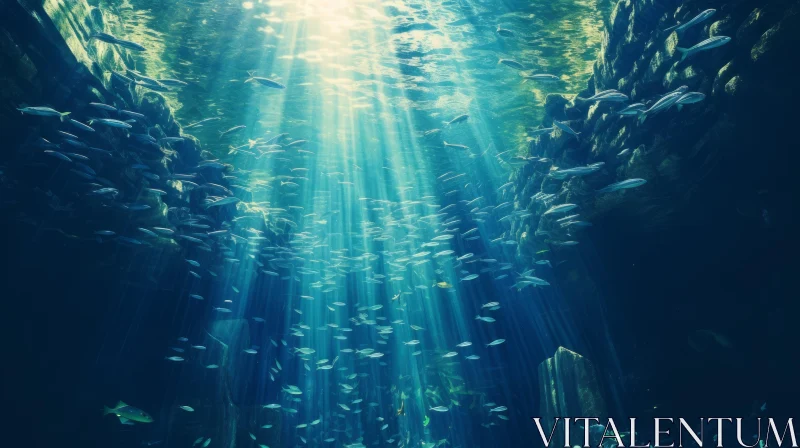 Underwater Beauty: School of Fish in Deep Blue Sea AI Image