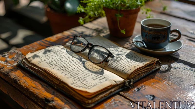Vintage Still Life with Book, Tea Cup, Glasses on Wooden Table AI Image