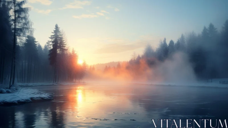 AI ART Winter Landscape: Sunlit Frozen River and Snow-Covered Trees