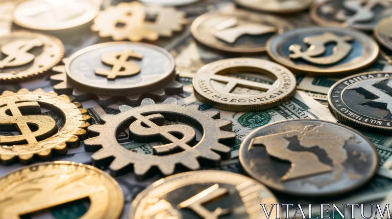 Close-Up of Metal Coins and Gears with Dollar Signs AI Image