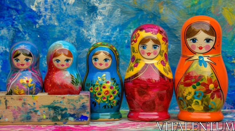 Colorful Russian Nesting Dolls on Blue-Green Background AI Image