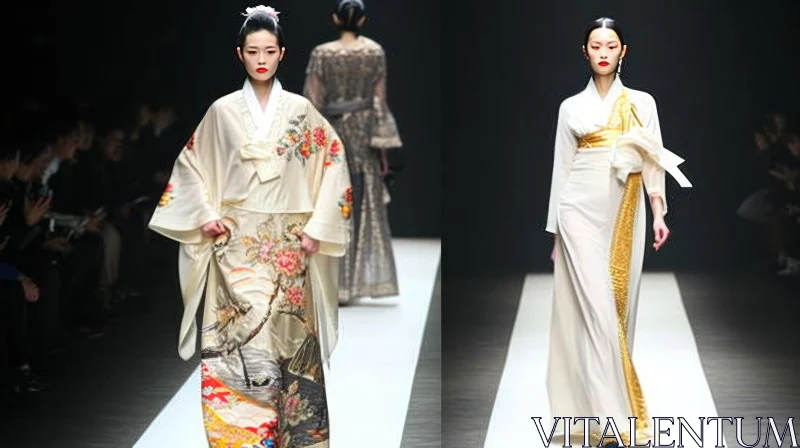 Elegant Kimono-Inspired Fashion: White Dresses and Traditional Japanese Style AI Image