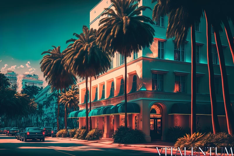 Enchanting City Street with Palm Trees | Neon Art Nouveau AI Image
