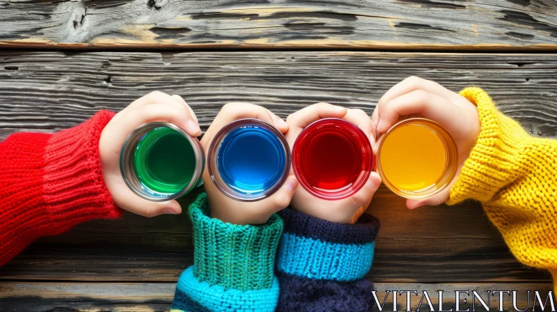 AI ART Enchanting Image of Children's Hands Holding Glasses of Colored Liquids