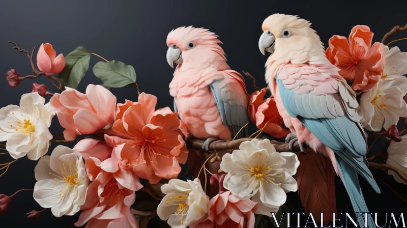 Exquisite Painting of Pink and White Parrots on Flowering Tree Branch AI Image