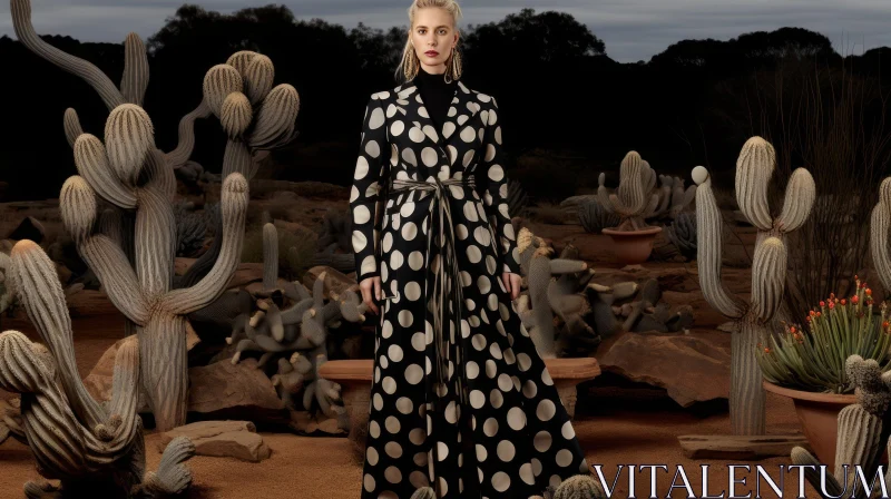 Fashionable Woman in Polka Dot Coat Standing in Desert Landscape AI Image