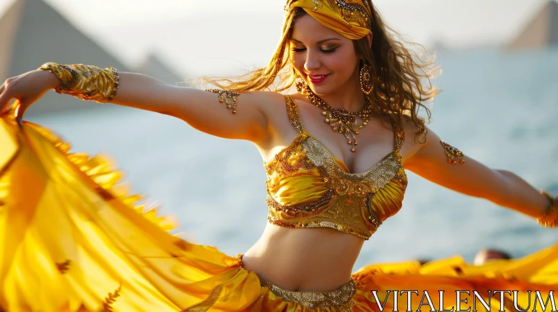 AI ART Golden Belly Dancing at the Giza Pyramids in Egypt