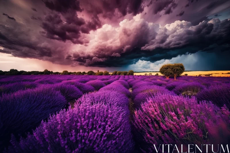 Lavender Fields under Stormy Skies: A Mesmerizing Naturalistic Depiction AI Image