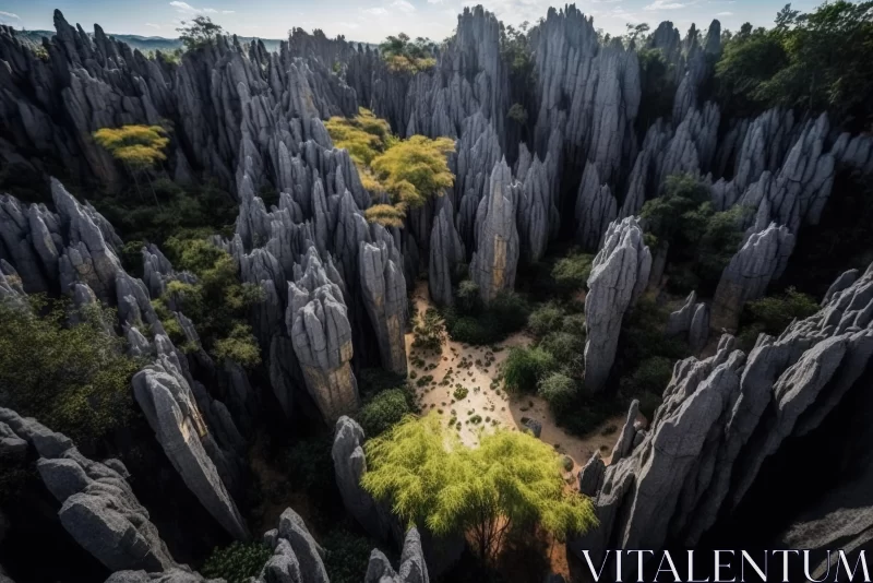 Mysterious Jungle: A Captivating Aerial View of Giant Rock Formations AI Image