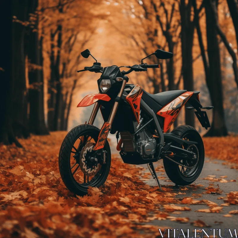 Orange Motorcycle in Autumn Forest - Industrial Photography AI Image