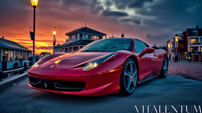 Red Ferrari 458 Italia at Sunset on Pier AI Image