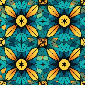 Symmetrical Stained Glass Pattern with Four-Pointed Stars