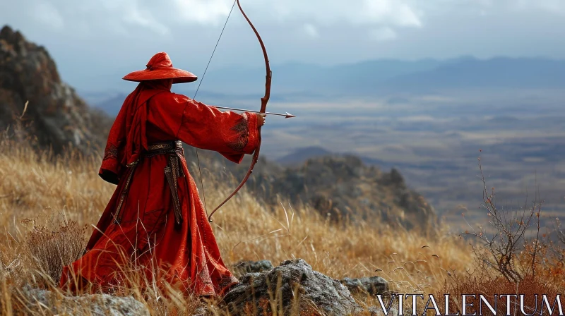 Warrior in Red Robe: Dramatic Portrait of a Mongolian Fighter AI Image