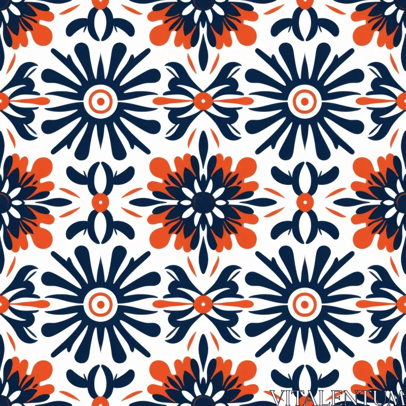 Blue and Orange Floral Pattern Inspired by Portuguese Tiles AI Image