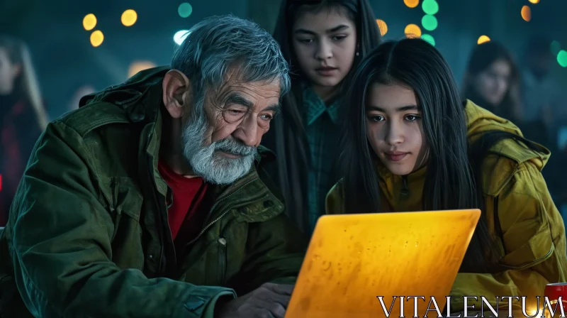 Captivating Moment: Elderly Man Teaching Technology to Young Girls in a Park AI Image