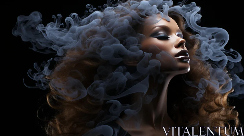 Dark-Skinned Woman in White Smoke on Black Background AI Image