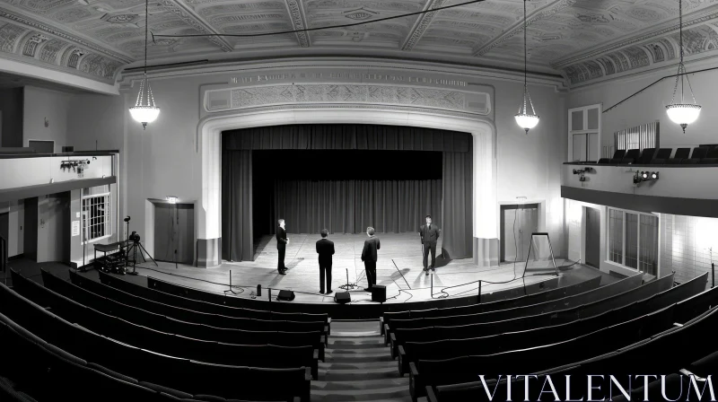 Empty Theater Stage with Four Men Standing | Black and White Photography AI Image