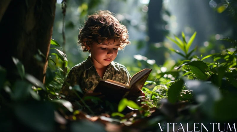 AI ART Enchanting Encounter: Young Boy Lost in a Jungle Book