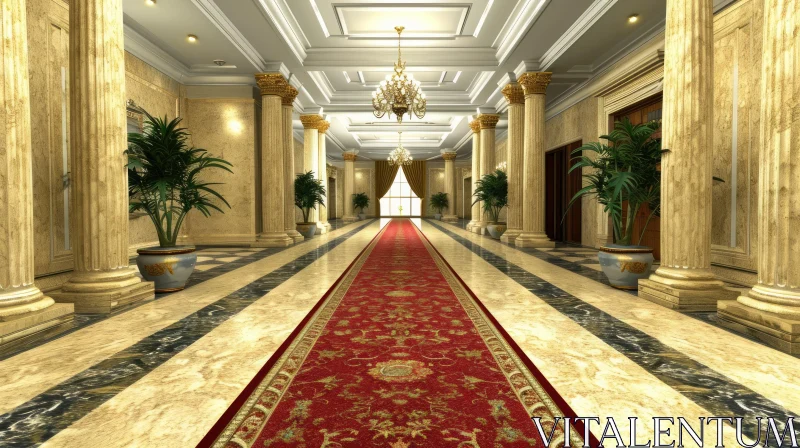 Enchanting Long Corridor with Red Carpet and Chandeliers AI Image