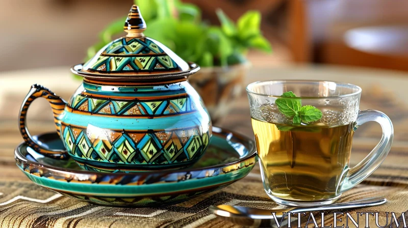 Green Tea with Mint Leaves: A Serene Still Life Composition AI Image