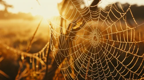 Morning Dew Spider Web - Delicate Symmetry in Sunlight