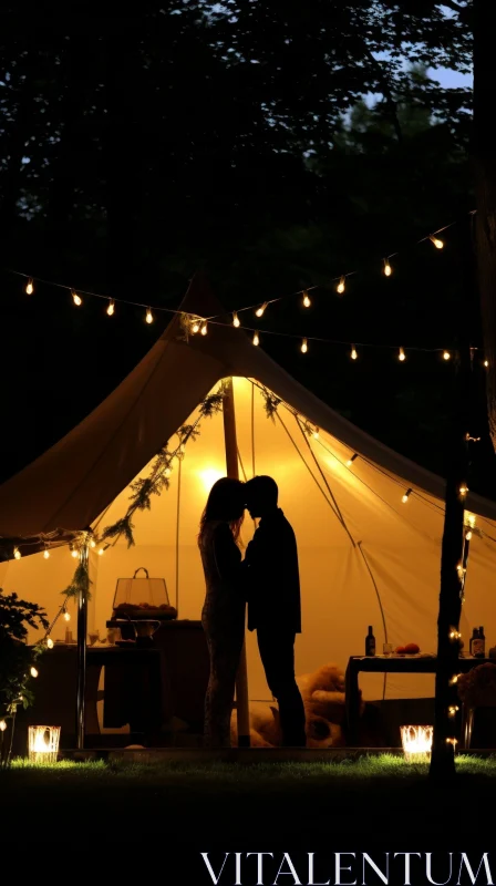 Night-time Romance: Couple Embracing by Glowing Tent AI Image