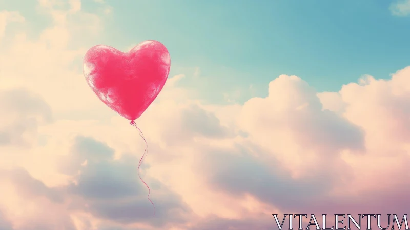 AI ART Red Heart-Shaped Balloon in Blue Sky with Clouds