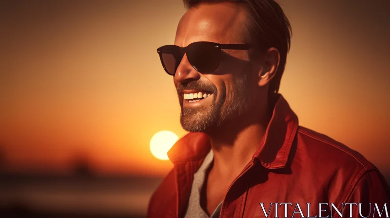 Smiling Man in Red Jacket at Sunset AI Image