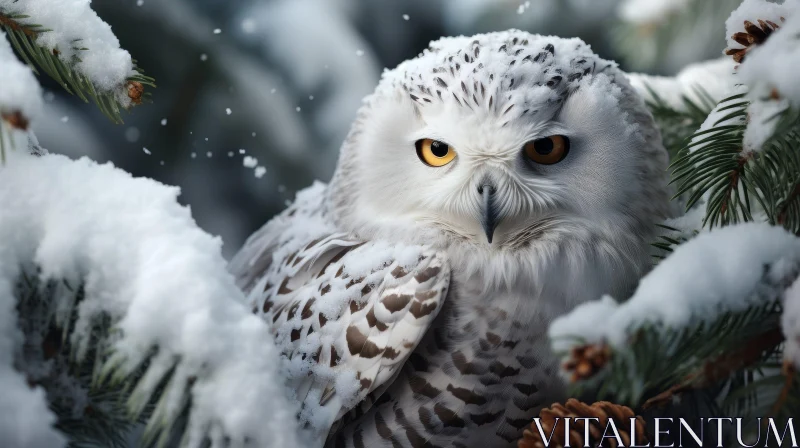 Snowy Owl Portrait in Winter Forest AI Image