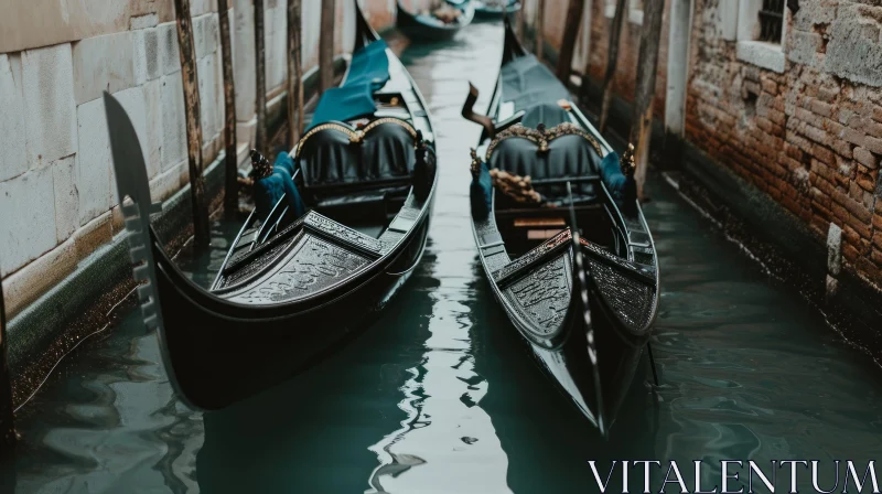 Tranquil Venice: Two Black Gondolas Moored in a Narrow Canal AI Image