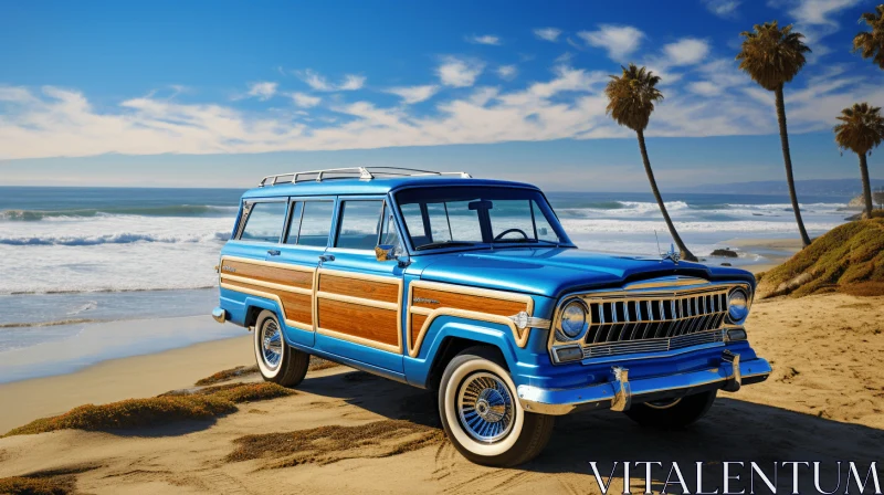 Vintage Blue Jeep on a Beach: A Captivating Nature Scene AI Image