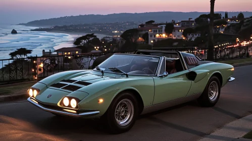 Vintage Green Iso Grifo Classic Car at Sunset on Cliffside Road