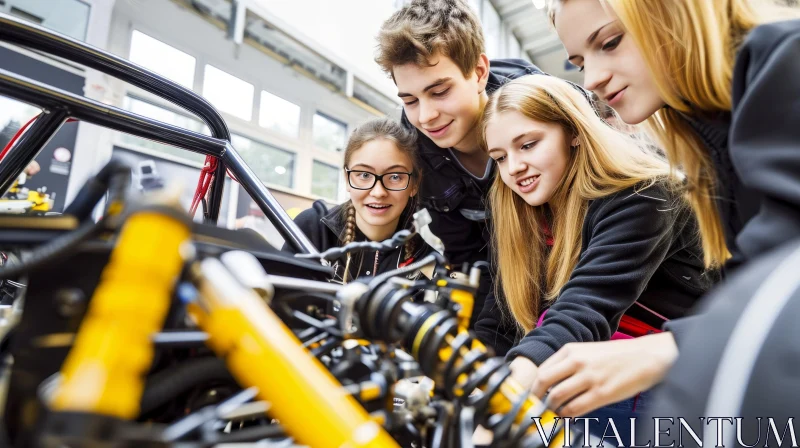Young People Working on Car Engine in Workshop AI Image