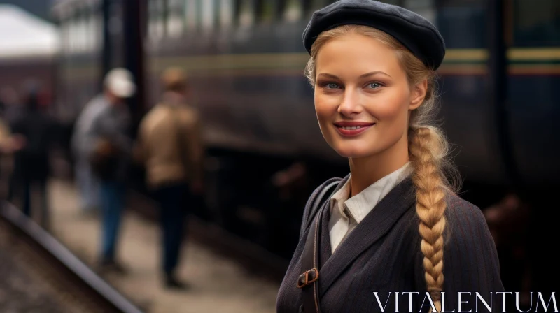 Young Woman on Train Platform - Gray Suit and Black Beret AI Image