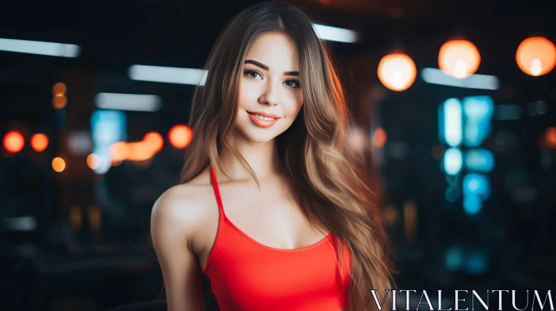 Beautiful Woman Portrait with Wavy Brown Hair in Red Top AI Image