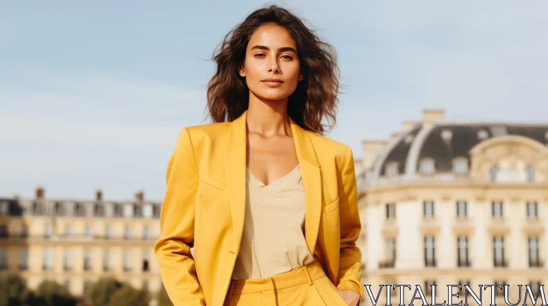 AI ART Confident Woman in Yellow Suit - Cityscape Background