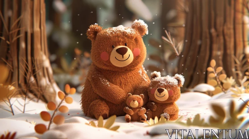 Family of Cartoon Bears in Snowy Forest - 3D Rendering AI Image