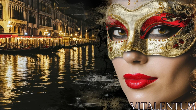 Golden Venetian Mask: A Night in Venice AI Image