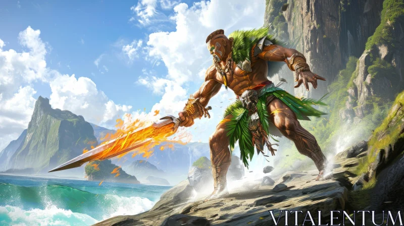 Powerful Fantasy Character on Rocky Cliff with Flaming Sword AI Image