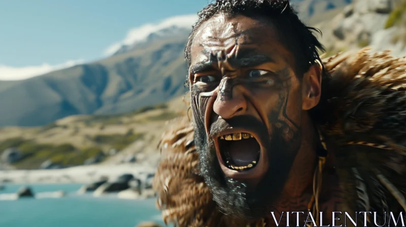 Powerful Maori Warrior in Majestic Mountainous Landscape AI Image