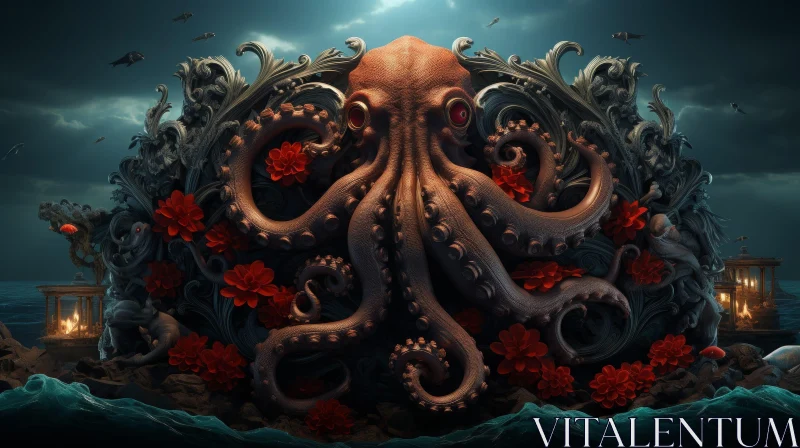 Powerful Octopus Painting with Red Flowers in the Sea AI Image
