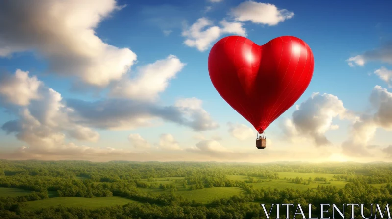 AI ART Red Heart-Shaped Hot Air Balloon in Tranquil Landscape