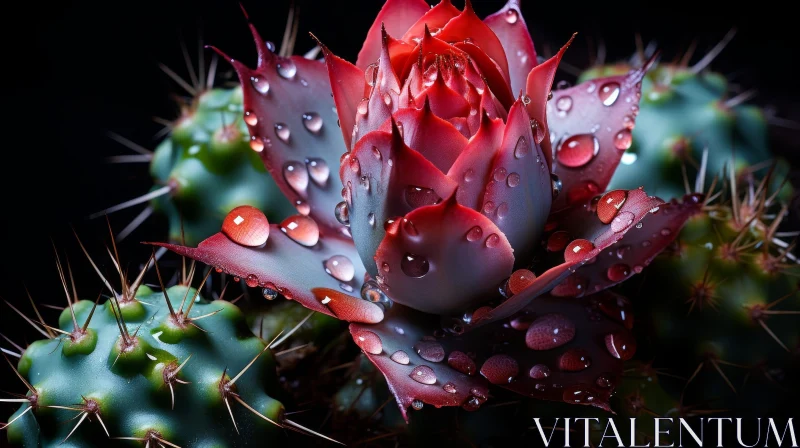 AI ART Red Succulent with Water Droplets - Close-up Nature Image