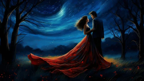 Romantic Couple in Flower Field under Starry Sky