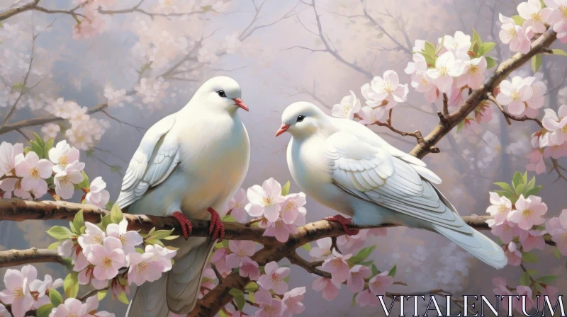 White Doves on Cherry Tree - Peaceful Nature Painting AI Image