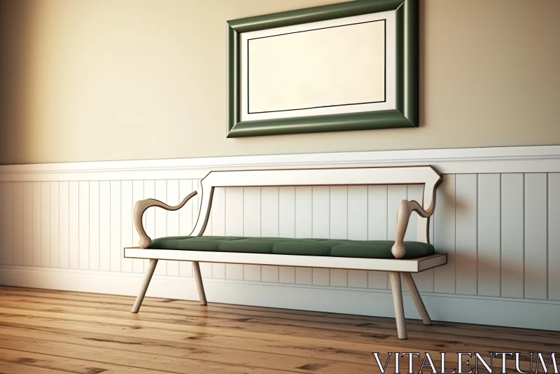 Wooden Bench and Photo Frame on Wall - Dark Beige and Emerald Style AI Image