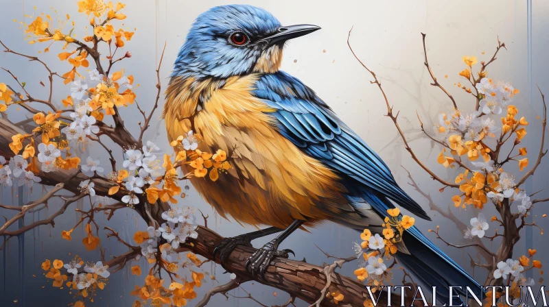 AI ART Blue and Yellow Bird Painting on Branch with Flowers