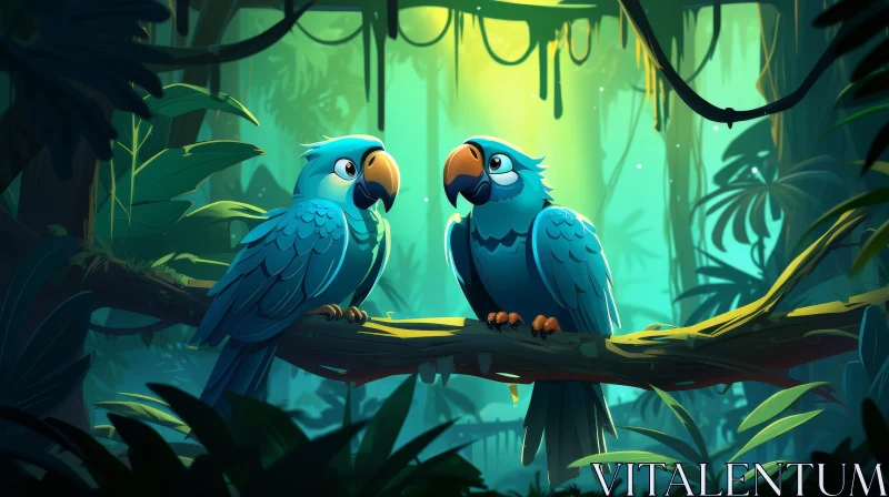 AI ART Blue Parrots in Lush Jungle - Cartoonish Scene