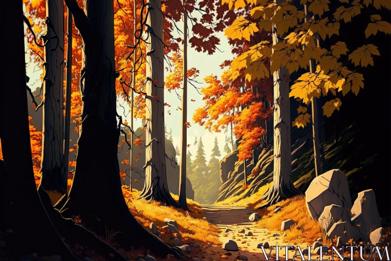 AI ART Captivating Autumn Forest Path Illustration in Graphic Style