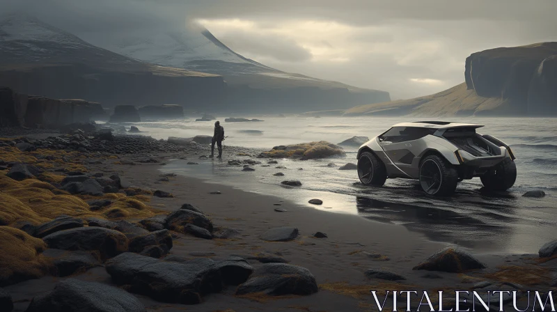 Captivating Futuristic Car Artwork on Rocky Terrain near Ocean AI Image